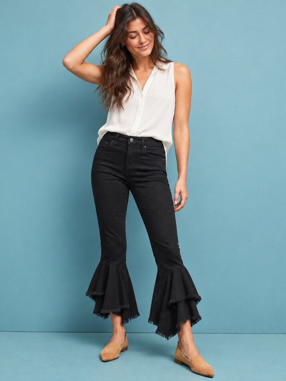 Citizens of Humanity Drew Flounce High Rise Crop Black Jeans 26 Ruffle Hem